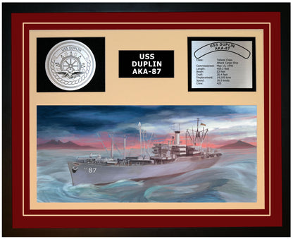 USS DUPLIN AKA-87 Framed Navy Ship Display Burgundy