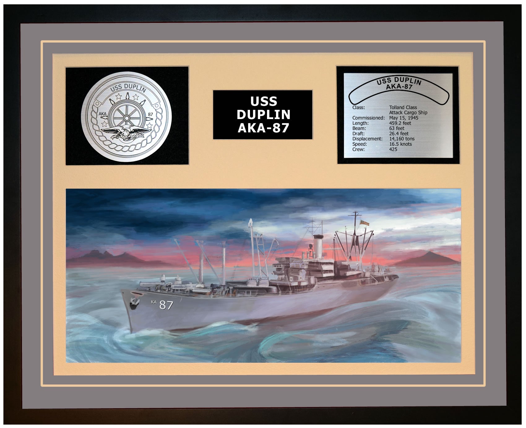 USS DUPLIN AKA-87 Framed Navy Ship Display Grey