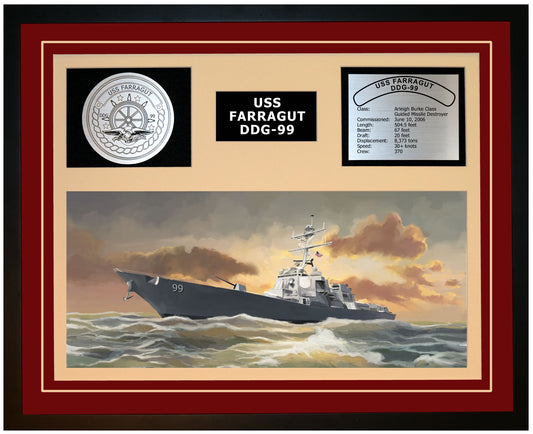 USS FARRAGUT DDG-99 Framed Navy Ship Display Burgundy