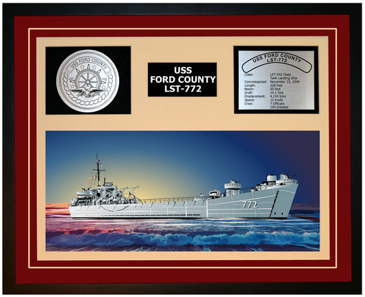 USS FORD COUNTY LST-772 Framed Navy Ship Display Burgundy