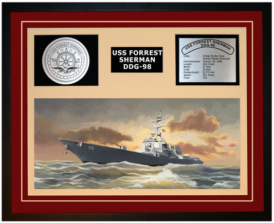 USS FORREST SHERMAN DDG-98 Framed Navy Ship Display Burgundy