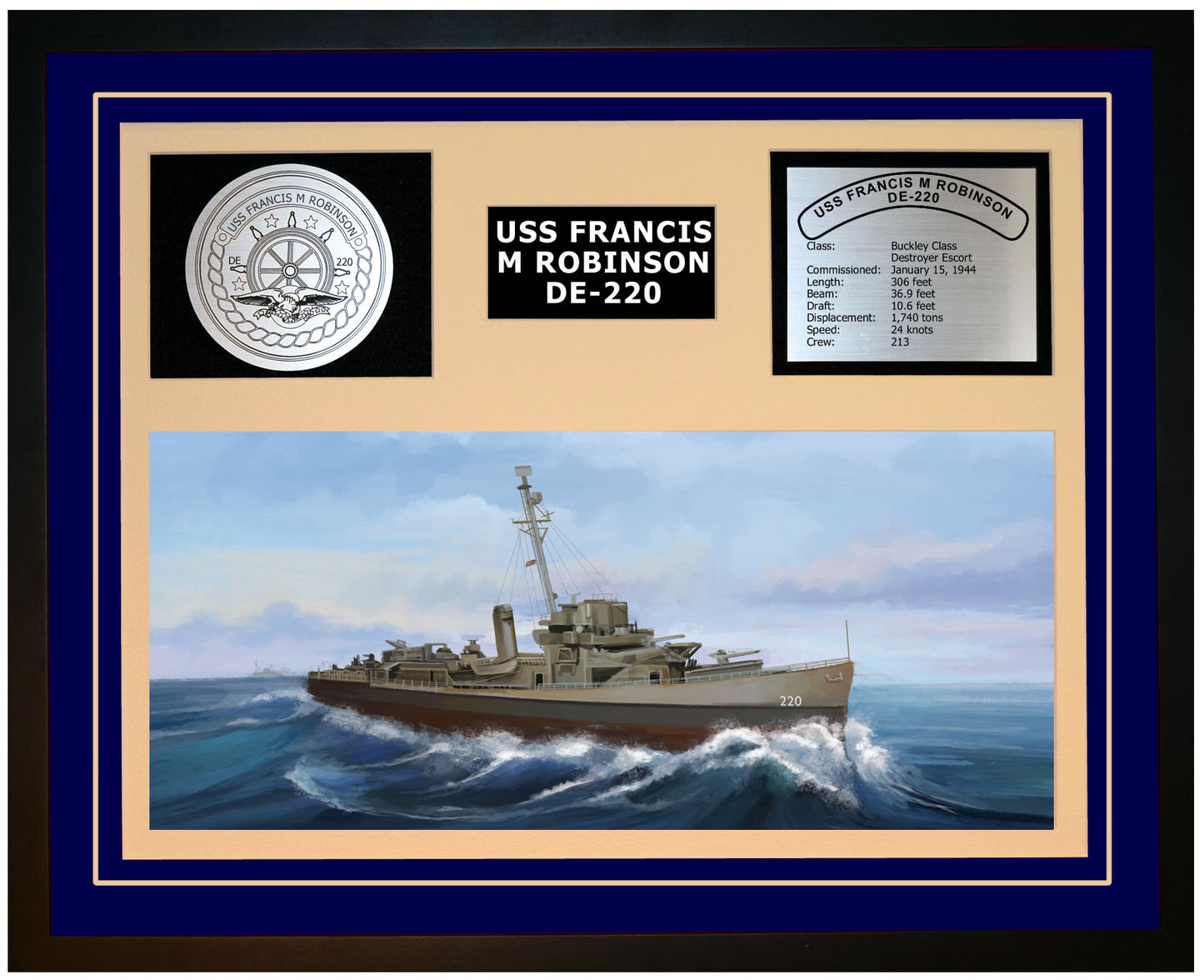 USS FRANCIS M ROBINSON DE-220 Framed Navy Ship Display Blue