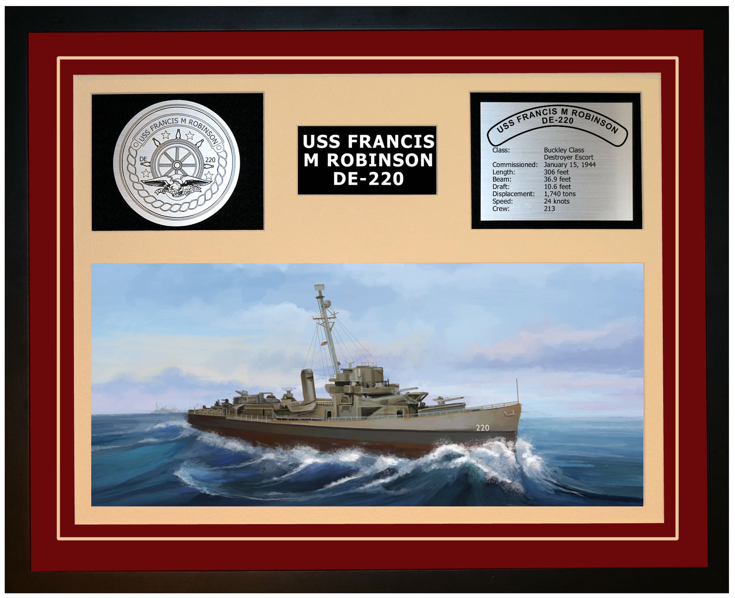 USS FRANCIS M ROBINSON DE-220 Framed Navy Ship Display Burgundy