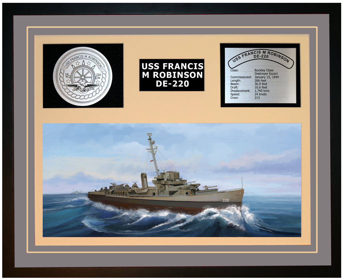 USS FRANCIS M ROBINSON DE-220 Framed Navy Ship Display Grey