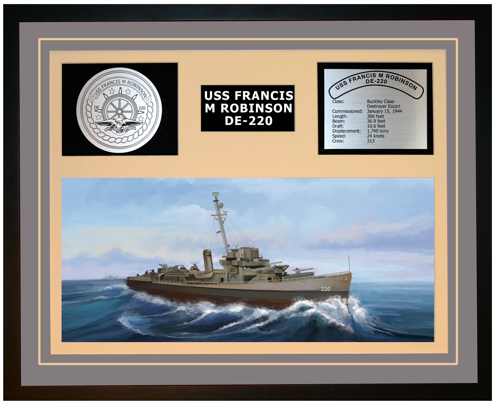 USS FRANCIS M ROBINSON DE-220 Framed Navy Ship Display Grey