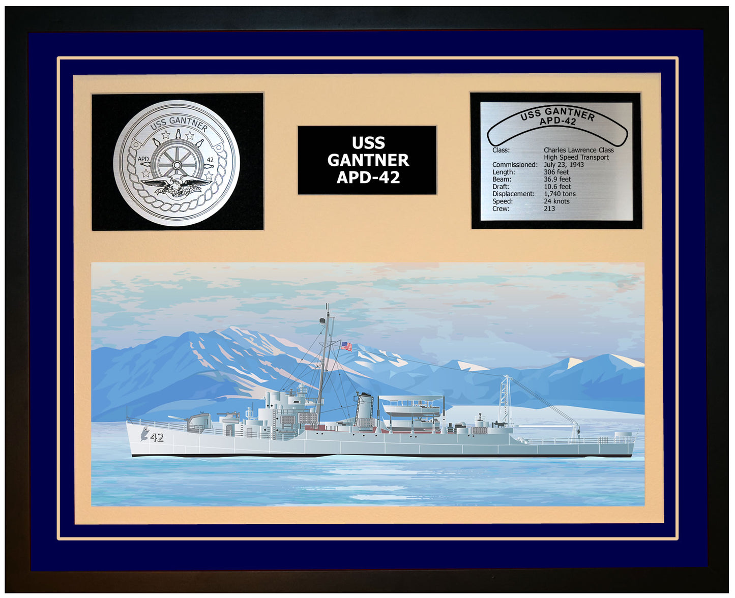 USS GANTNER APD-42 Framed Navy Ship Display Blue