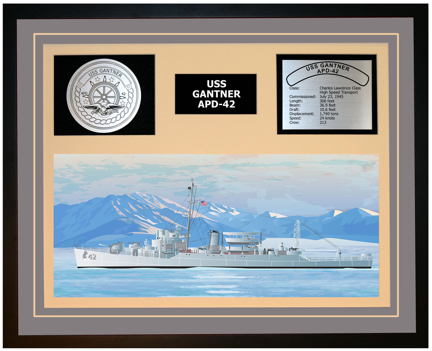 USS GANTNER APD-42 Framed Navy Ship Display Grey