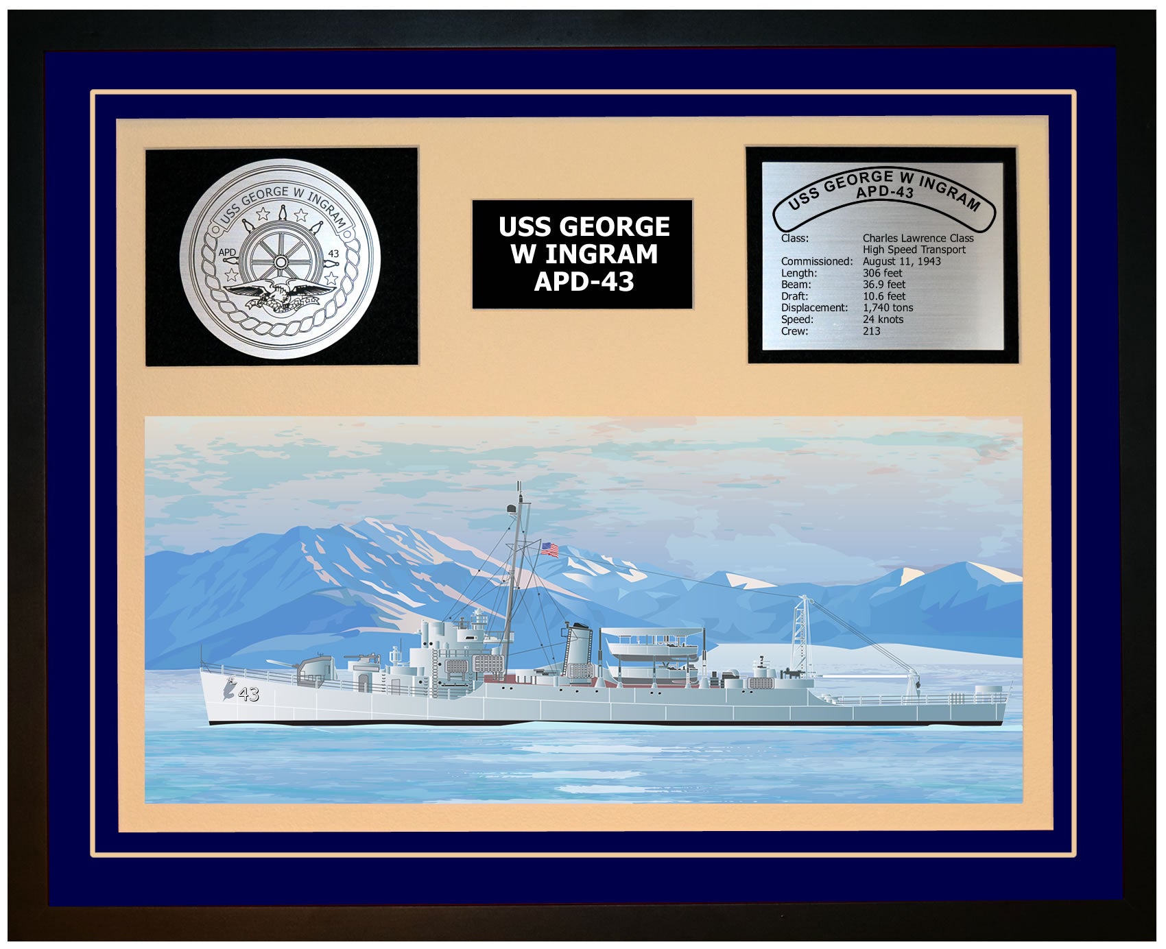 USS GEORGE W INGRAM APD-43 Framed Navy Ship Display Blue