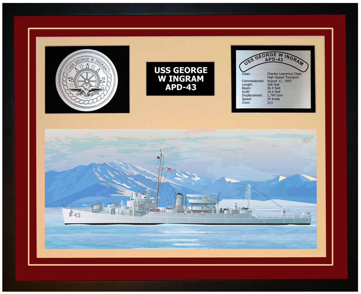 USS GEORGE W INGRAM APD-43 Framed Navy Ship Display Burgundy