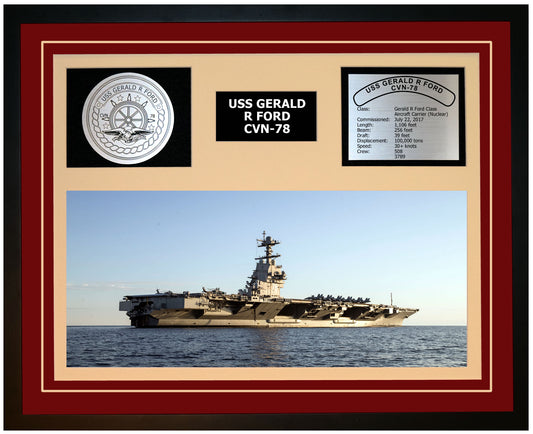 USS GERALD R FORD CVN-78 Framed Navy Ship Display Burgundy