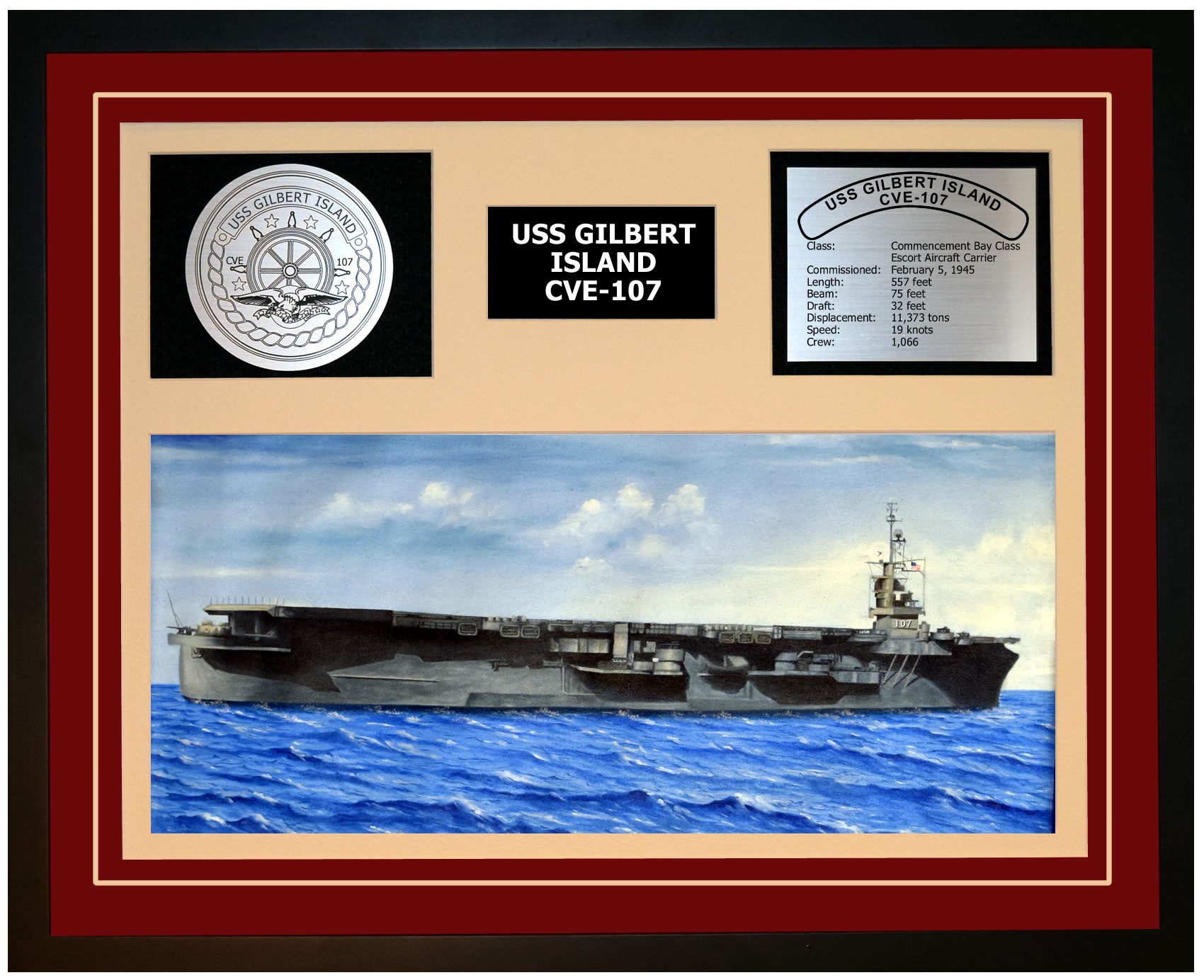 USS GILBERT ISLAND CVE-107 Framed Navy Ship Display Burgundy