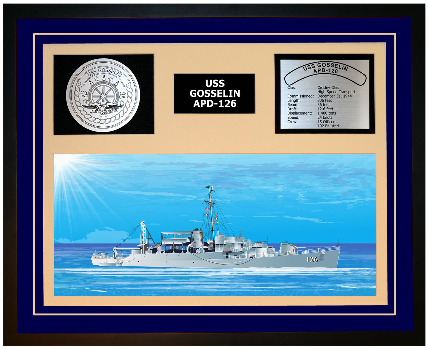 USS GOSSELIN APD-126 Framed Navy Ship Display Blue