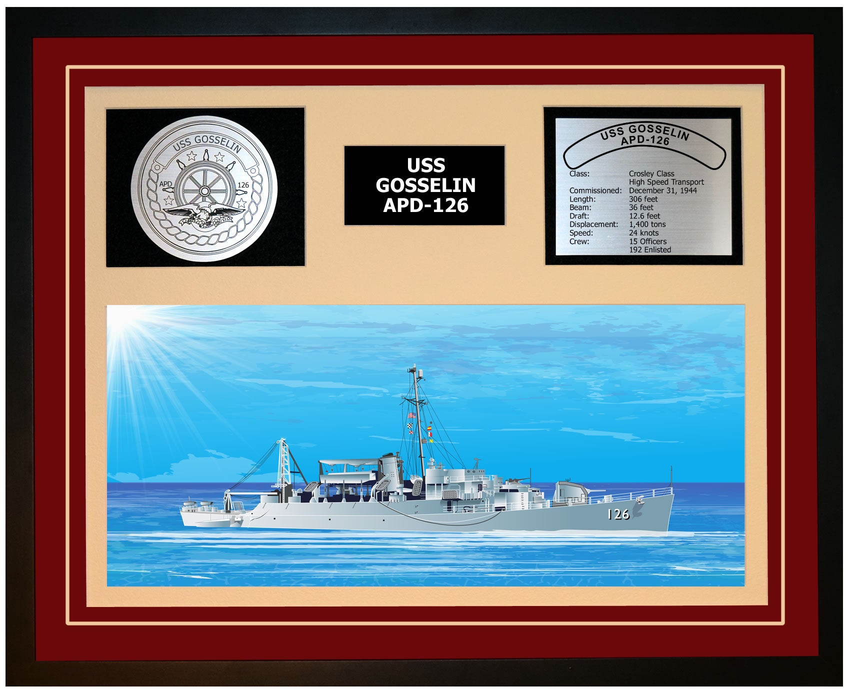 USS GOSSELIN APD-126 Framed Navy Ship Display Burgundy