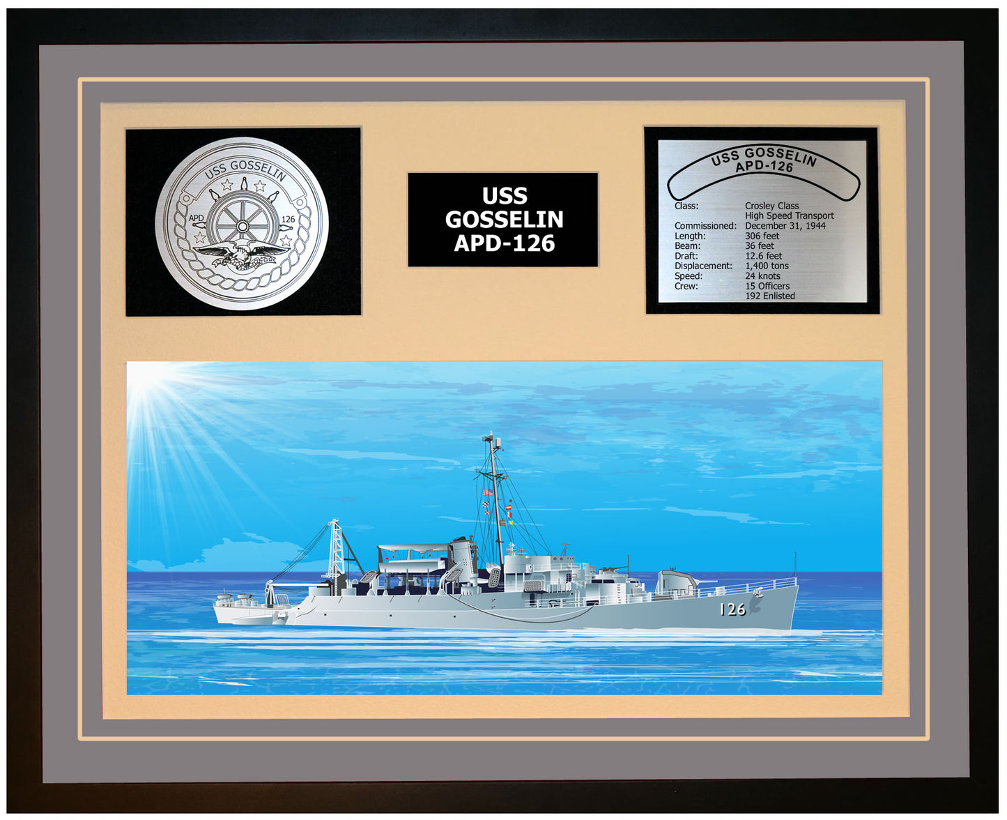 USS GOSSELIN APD-126 Framed Navy Ship Display Grey