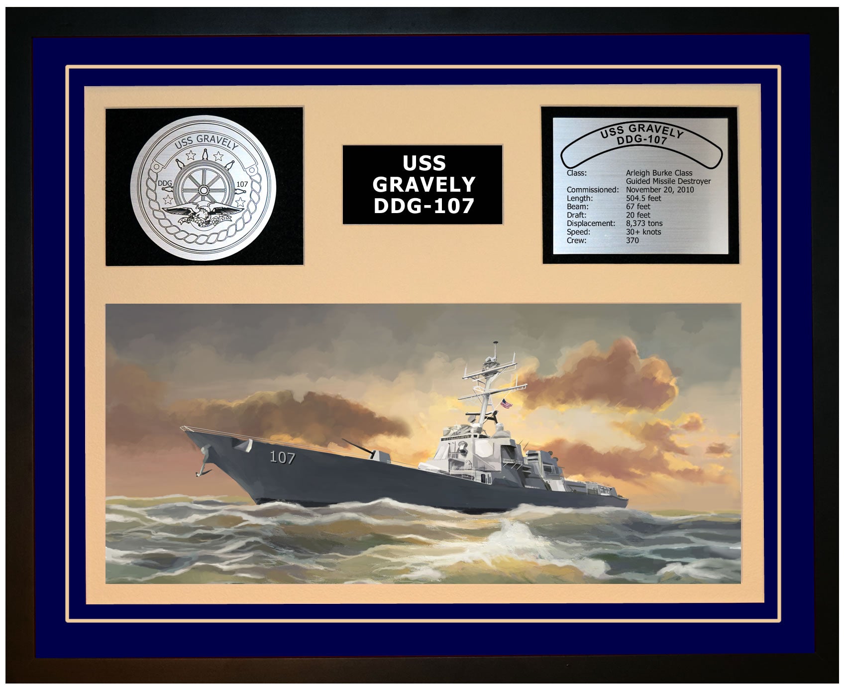 USS GRAVELY DDG-107 Framed Navy Ship Display Blue