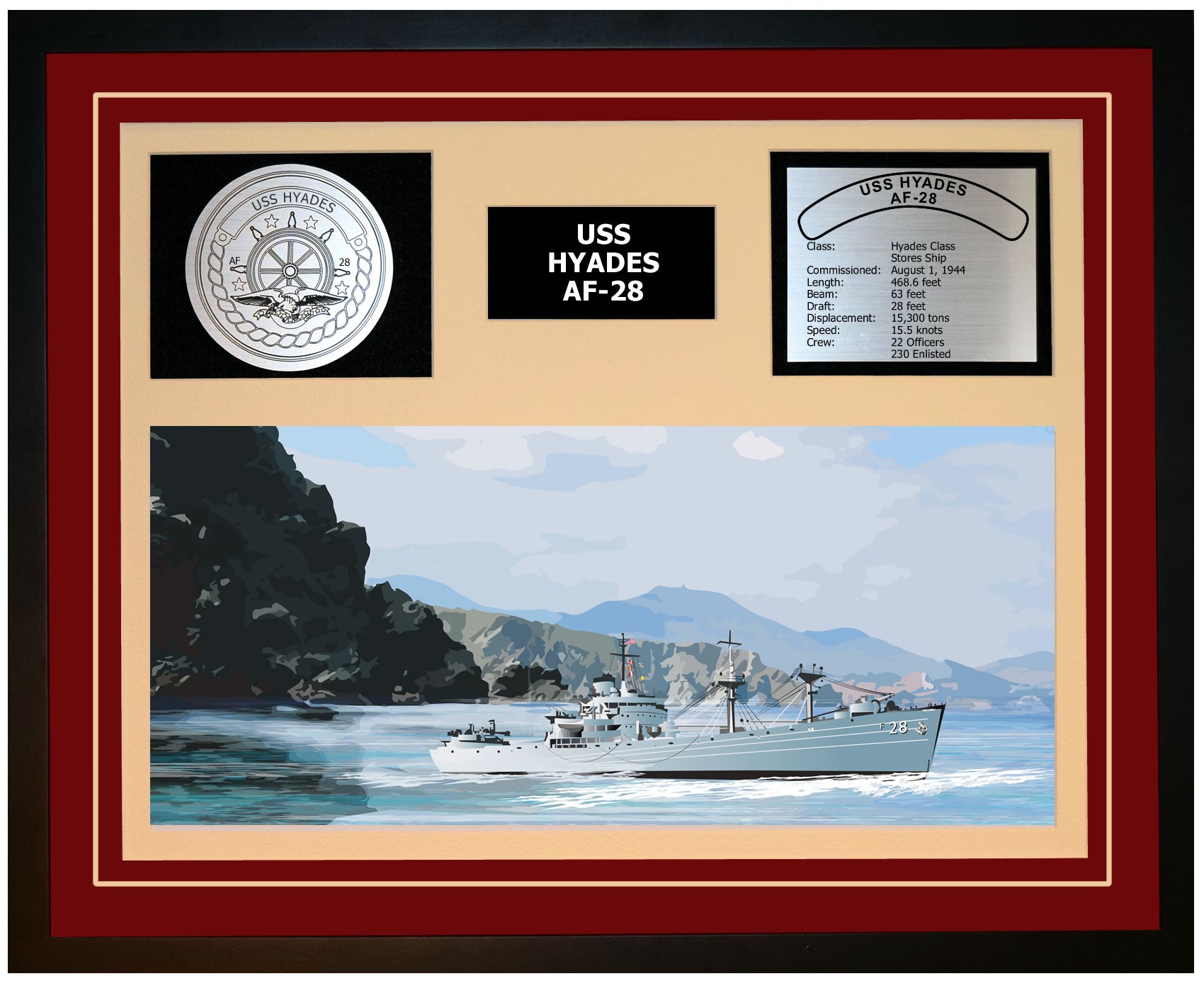 USS HYADES AF-28 Framed Navy Ship Display Burgundy