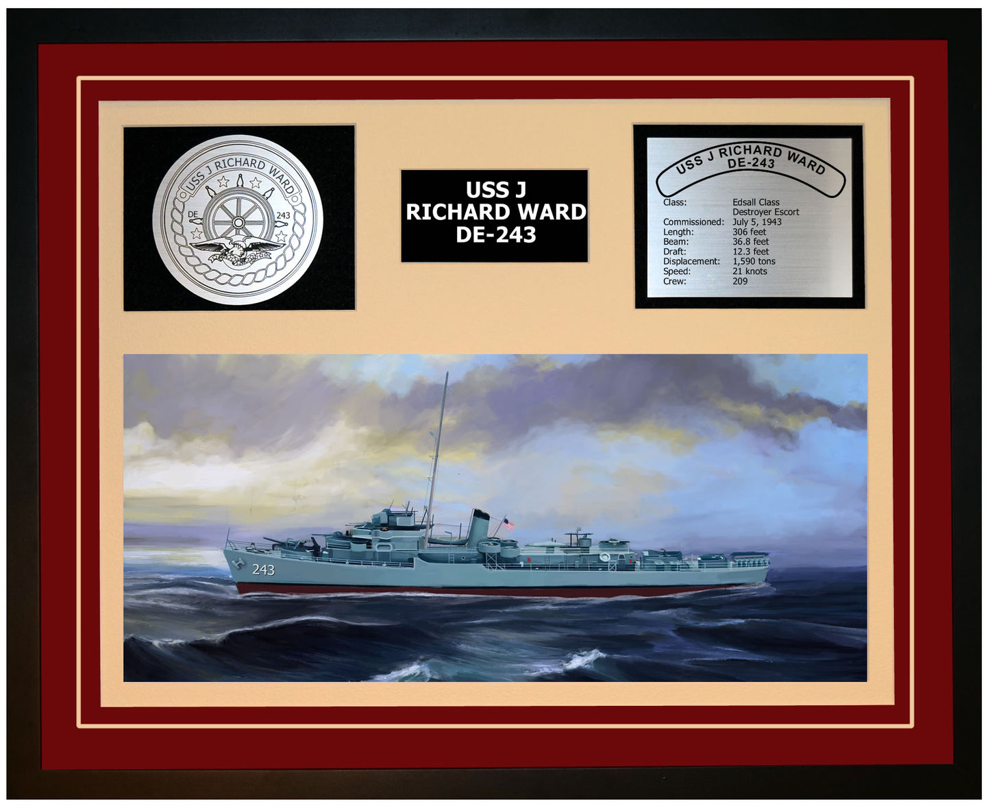 USS J RICHARD WARD DE-243 Framed Navy Ship Display Burgundy