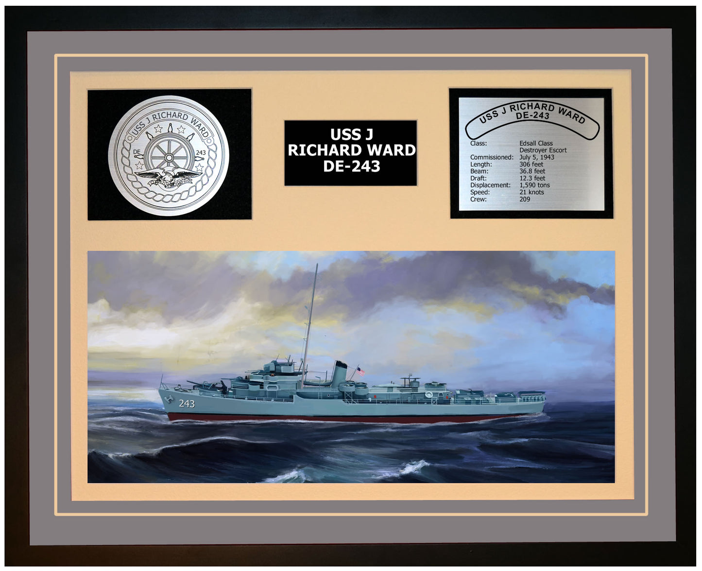 USS J RICHARD WARD DE-243 Framed Navy Ship Display Grey