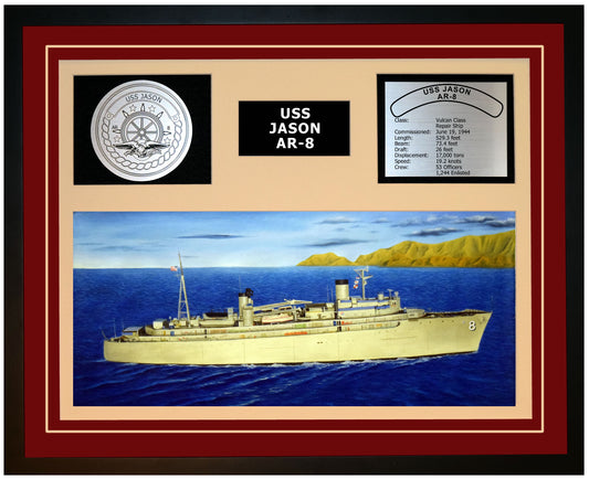 USS JASON AR-8 Framed Navy Ship Display Burgundy