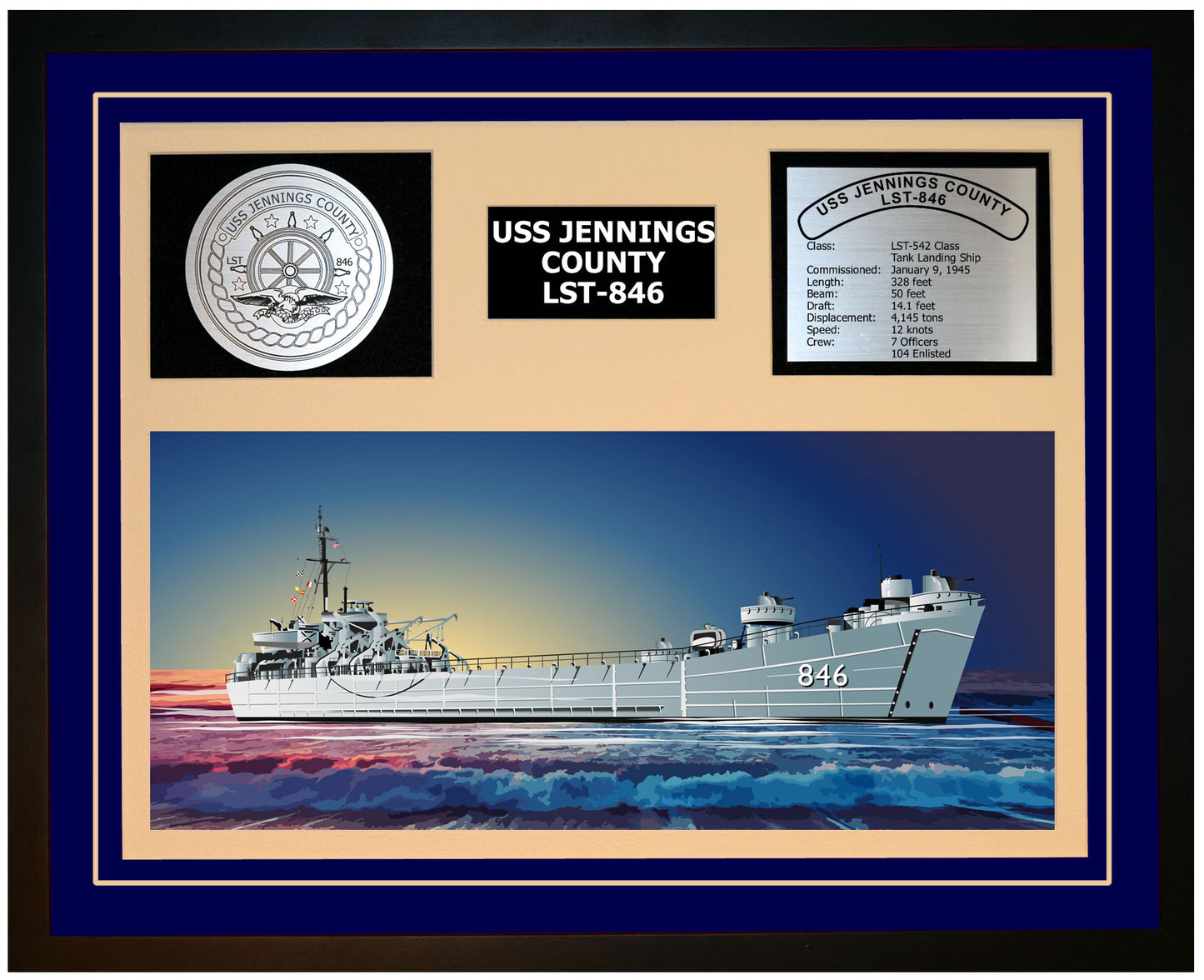 USS JENNINGS COUNTY LST-846 Framed Navy Ship Display Blue