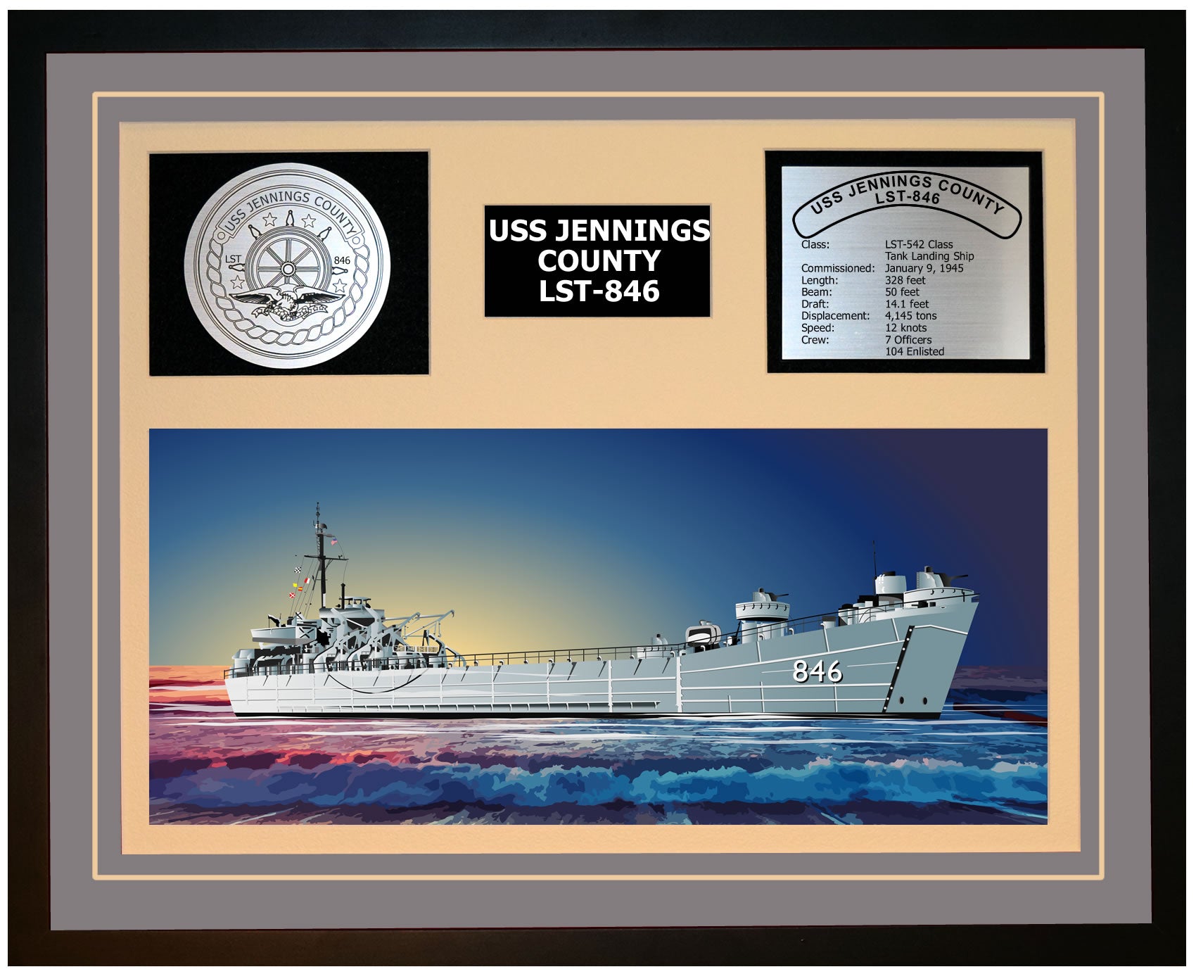 USS JENNINGS COUNTY LST-846 Framed Navy Ship Display Grey