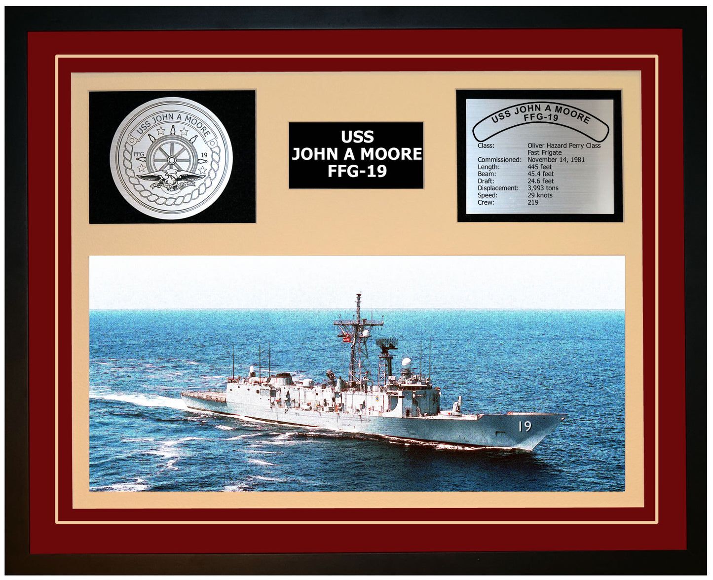 USS JOHN A MOORE FFG-19 Framed Navy Ship Display Burgundy