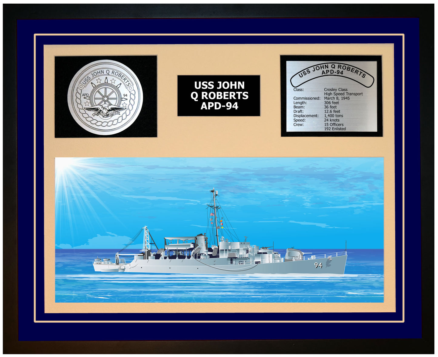 USS JOHN Q ROBERTS APD-94 Framed Navy Ship Display Blue