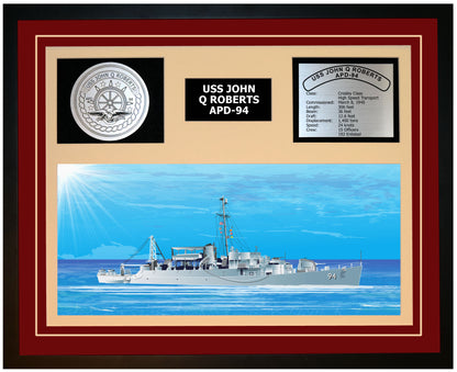 USS JOHN Q ROBERTS APD-94 Framed Navy Ship Display Burgundy