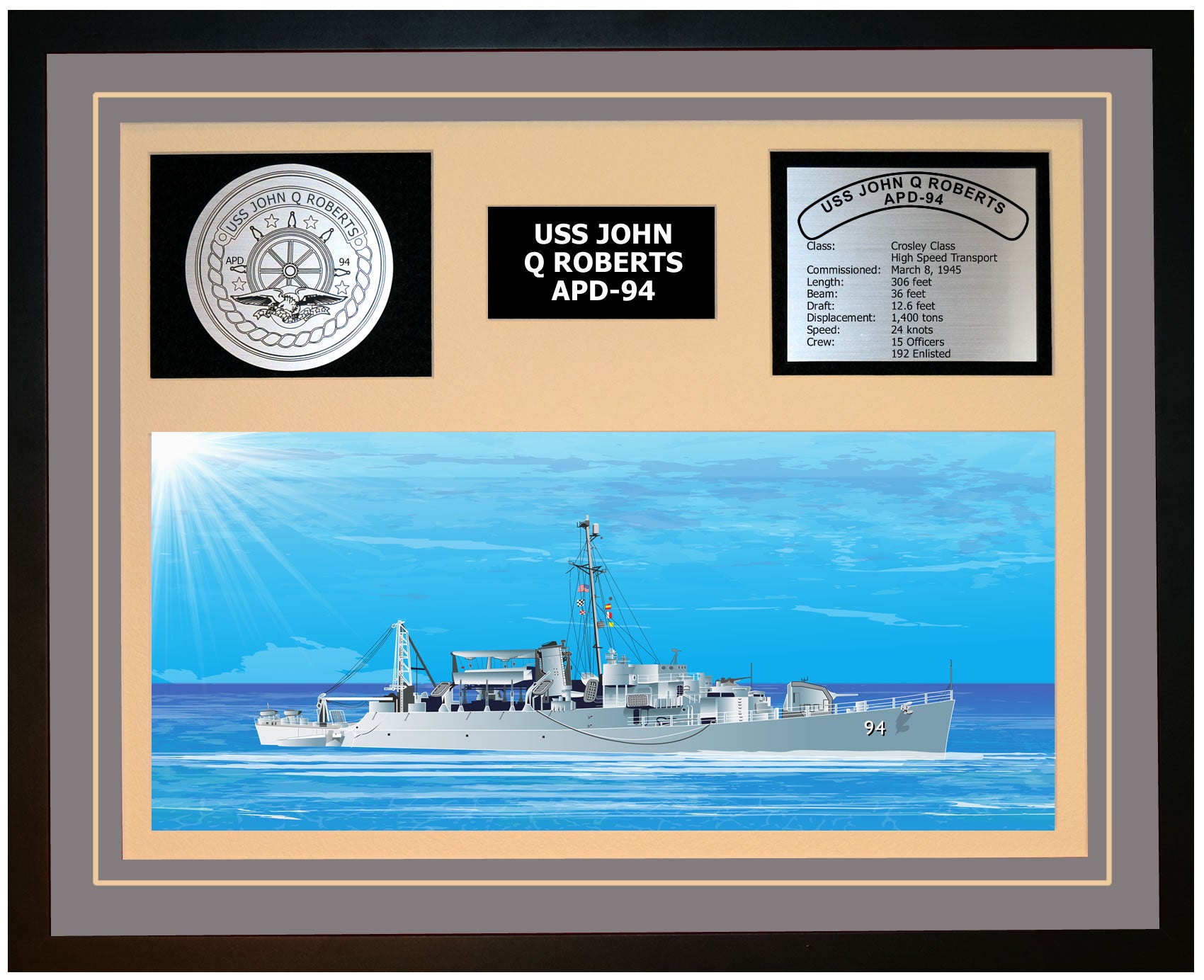 USS JOHN Q ROBERTS APD-94 Framed Navy Ship Display Grey