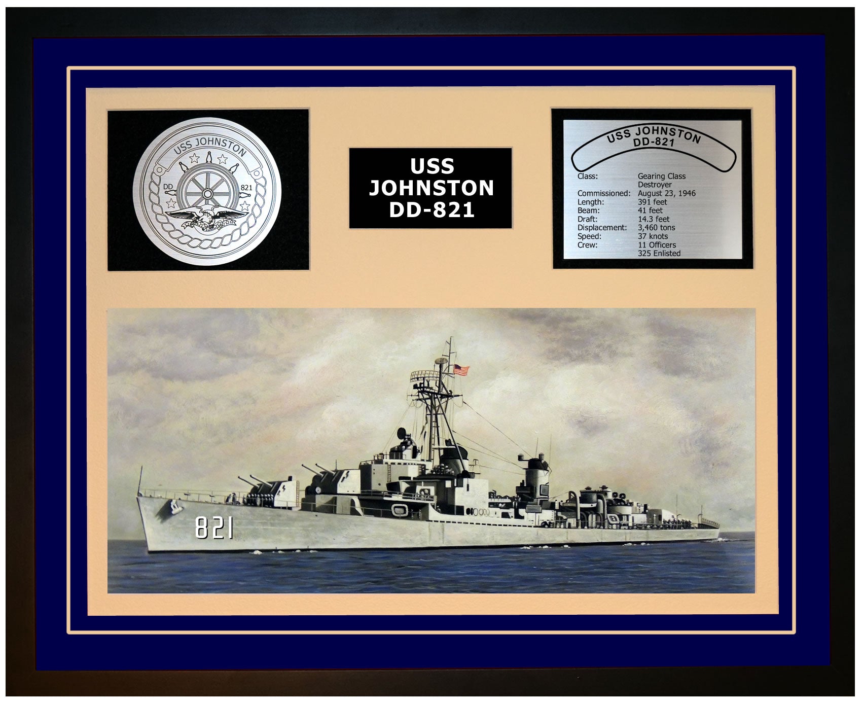 USS JOHNSTON DD-821 Framed Navy Ship Display Blue