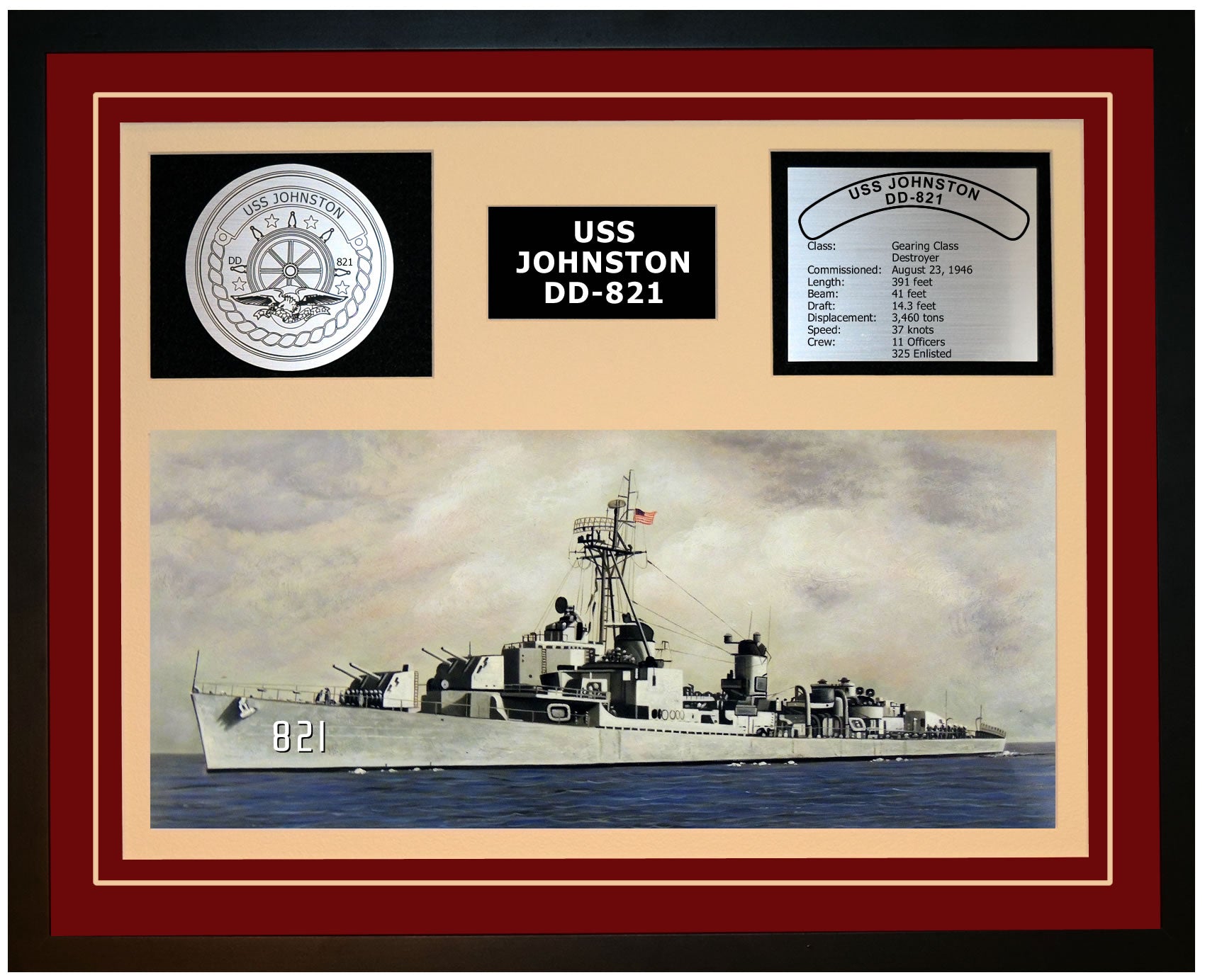 USS JOHNSTON DD-821 Framed Navy Ship Display Burgundy