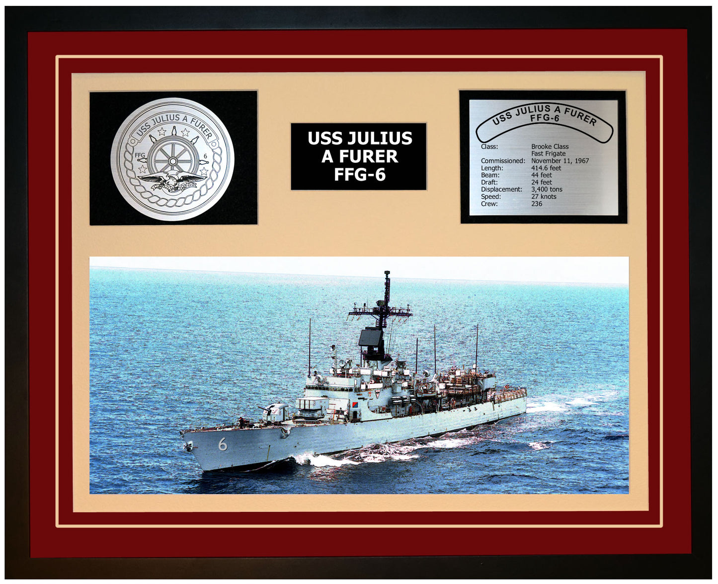 USS JULIUS A FURER FFG-6 Framed Navy Ship Display Burgundy