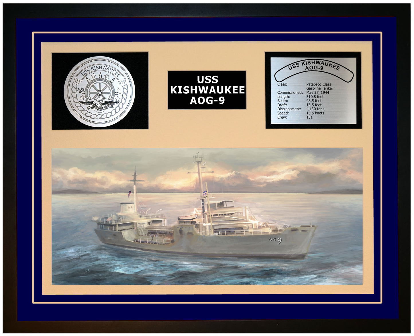 USS KISHWAUKEE AOG-9 Framed Navy Ship Display Blue