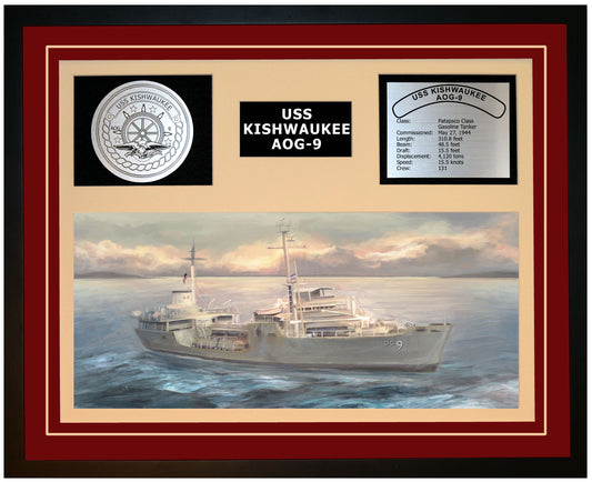 USS KISHWAUKEE AOG-9 Framed Navy Ship Display Burgundy