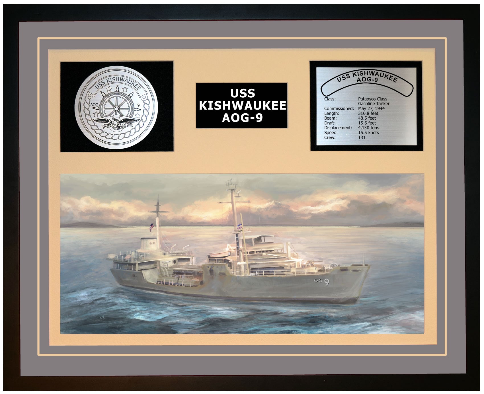 USS KISHWAUKEE AOG-9 Framed Navy Ship Display Grey