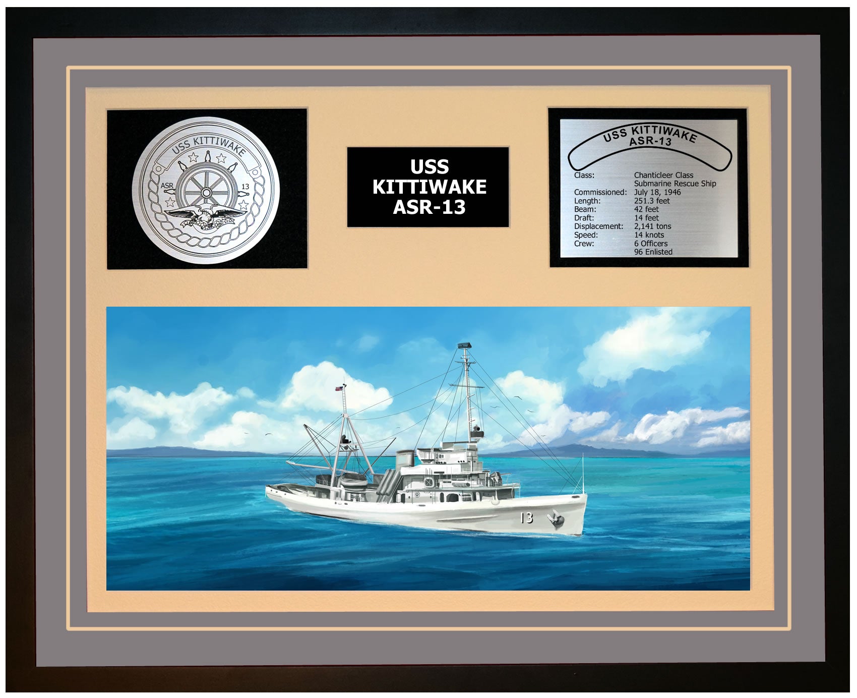 USS KITTIWAKE ASR-13 Framed Navy Ship Display Grey