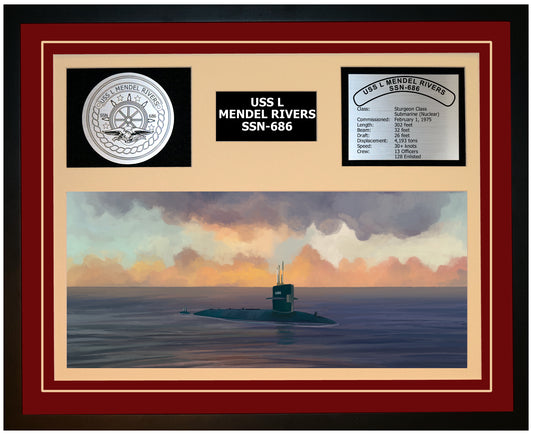 USS L MENDEL RIVERS SSN-686 Framed Navy Ship Display Burgundy