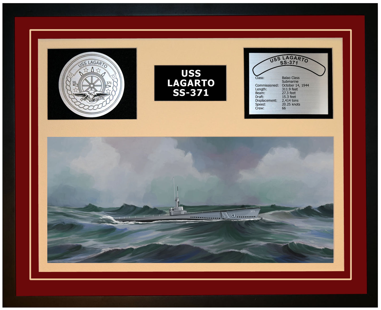 USS LAGARTO SS-371 Framed Navy Ship Display Burgundy