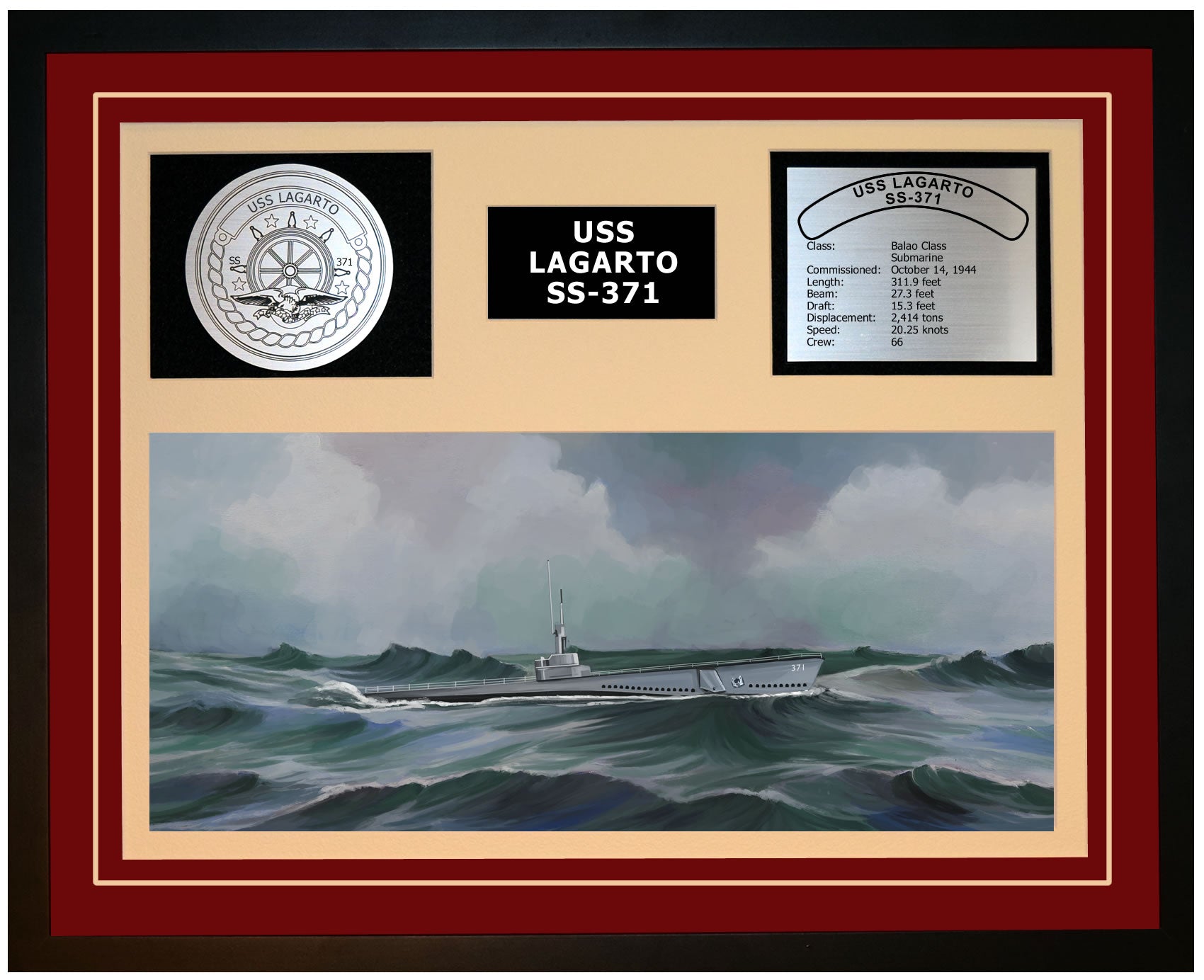 USS LAGARTO SS-371 Framed Navy Ship Display Burgundy