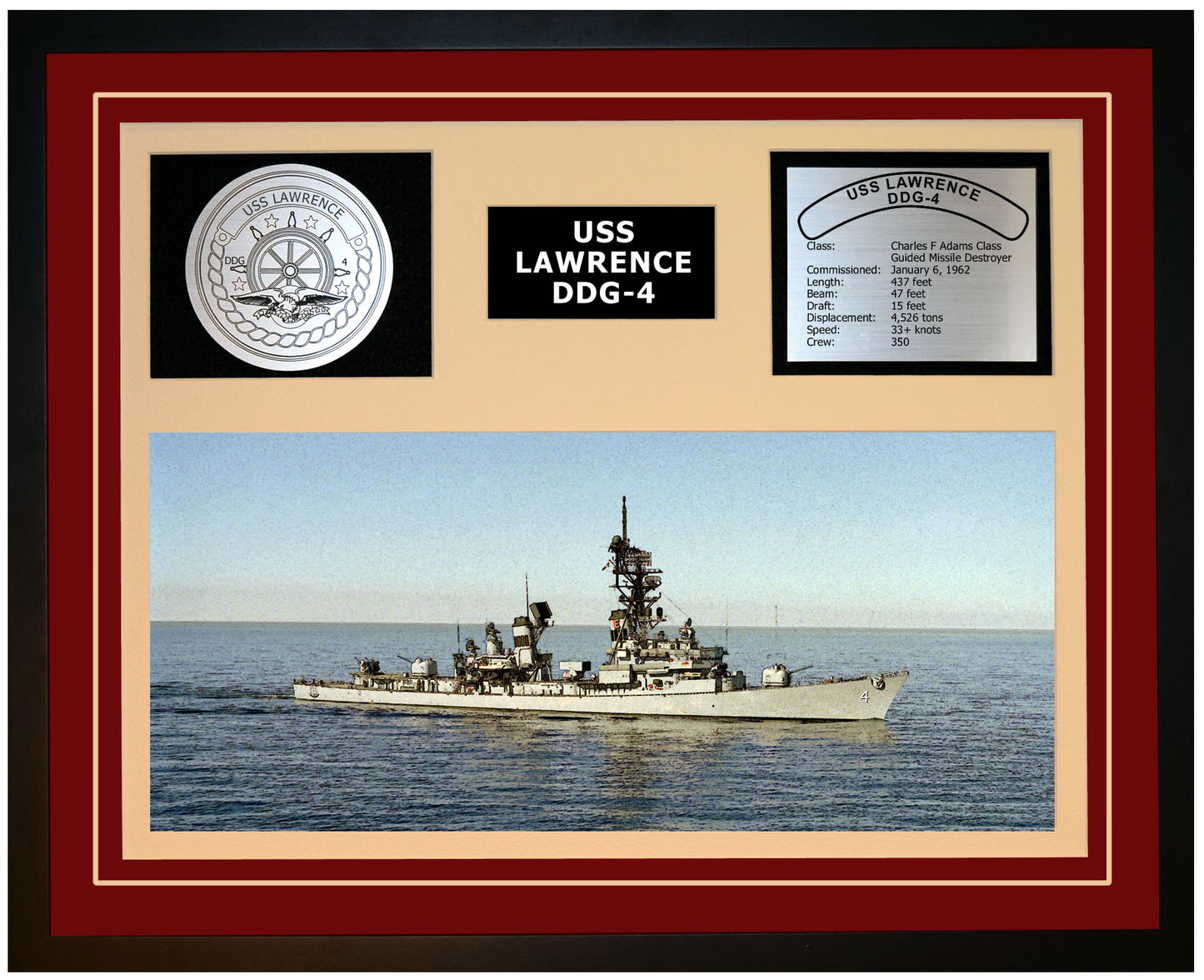 USS LAWRENCE DDG-4 Framed Navy Ship Display Burgundy