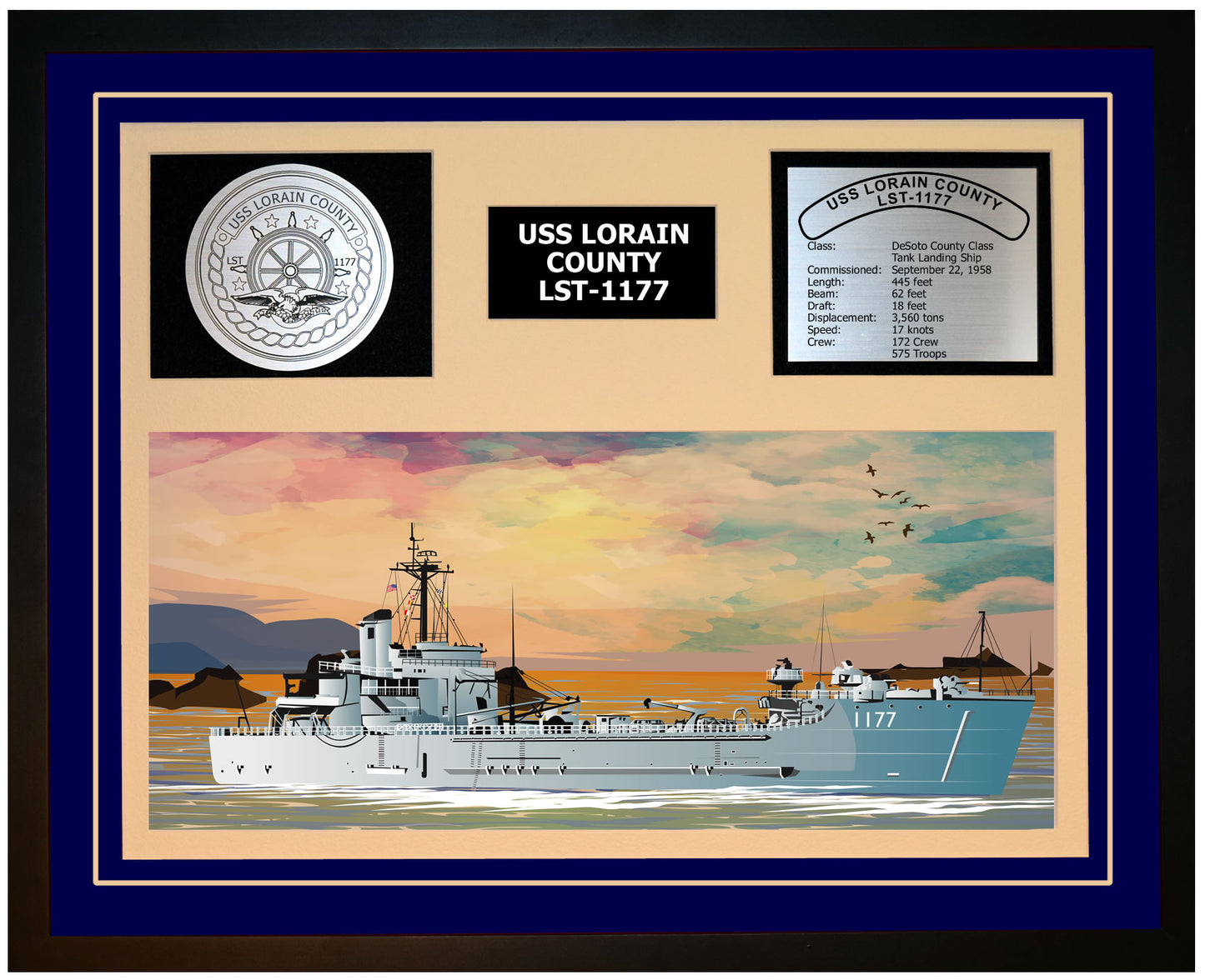 USS LORAIN COUNTY LST-1177 Framed Navy Ship Display Blue