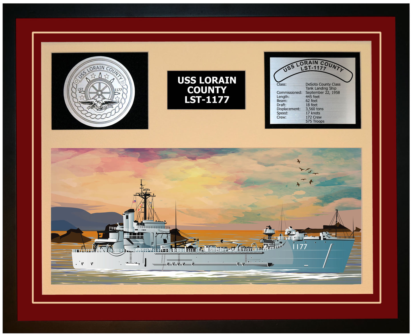 USS LORAIN COUNTY LST-1177 Framed Navy Ship Display Burgundy