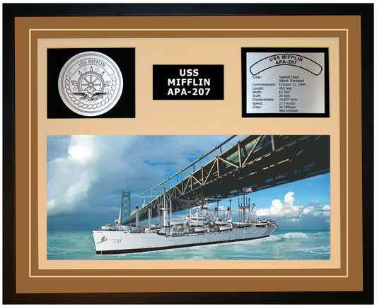 USS MIFFLIN APA-207 Framed Navy Ship Display Brown