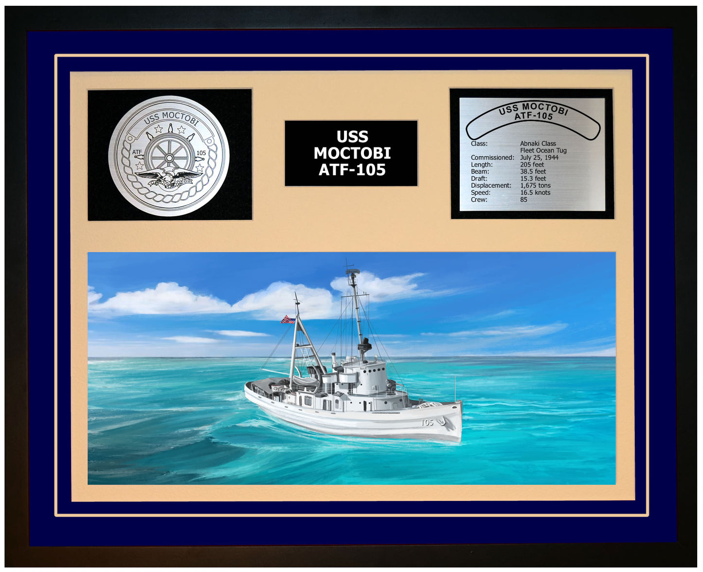 USS MOCTOBI ATF-105 Framed Navy Ship Display Blue