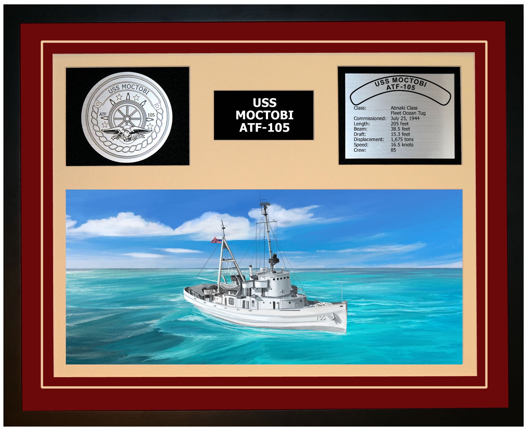 USS MOCTOBI ATF-105 Framed Navy Ship Display Burgundy