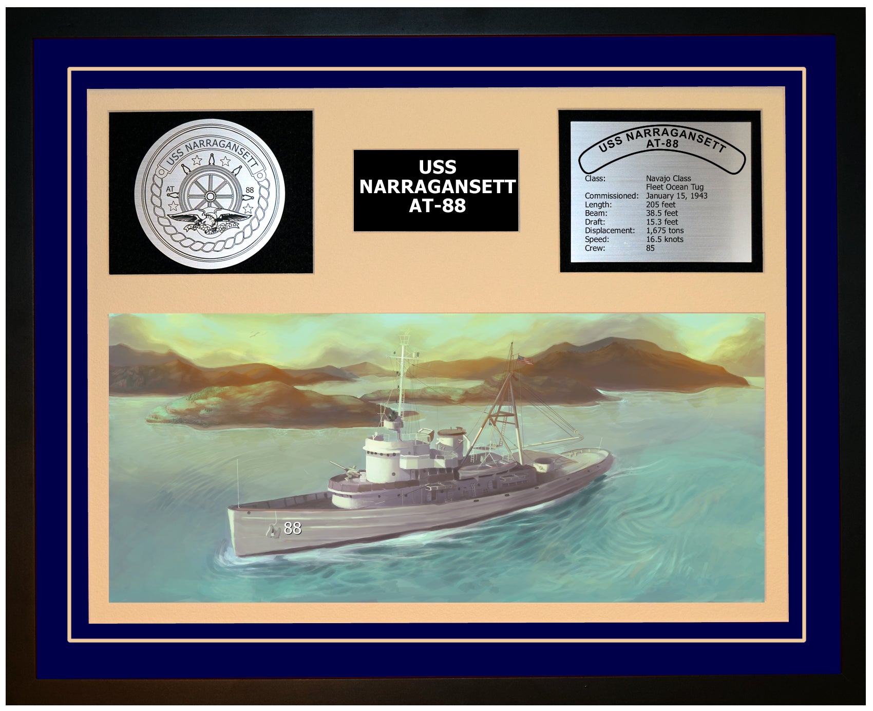 USS NARRAGANSETT AT-88 Framed Navy Ship Display Blue