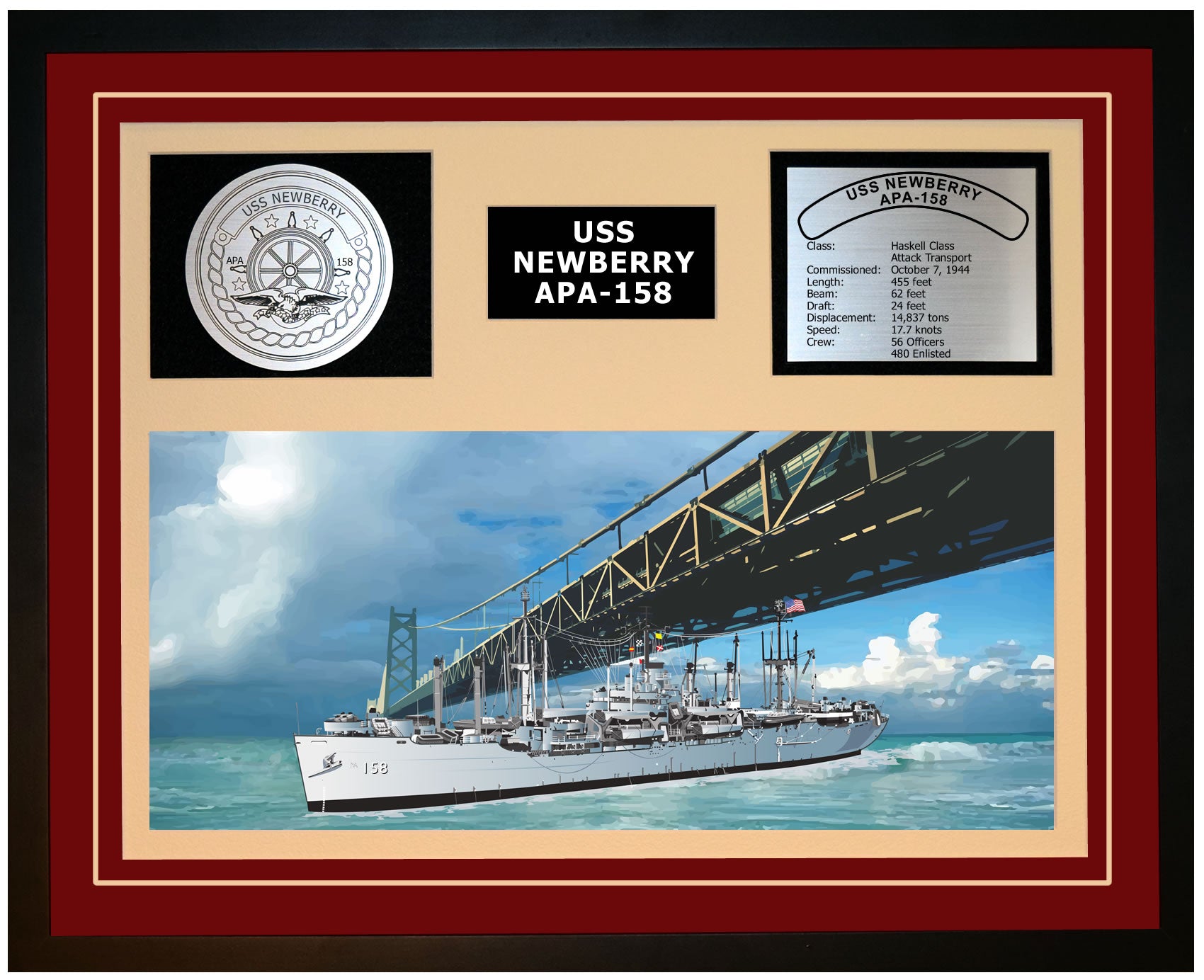 USS NEWBERRY APA-158 Framed Navy Ship Display Burgundy