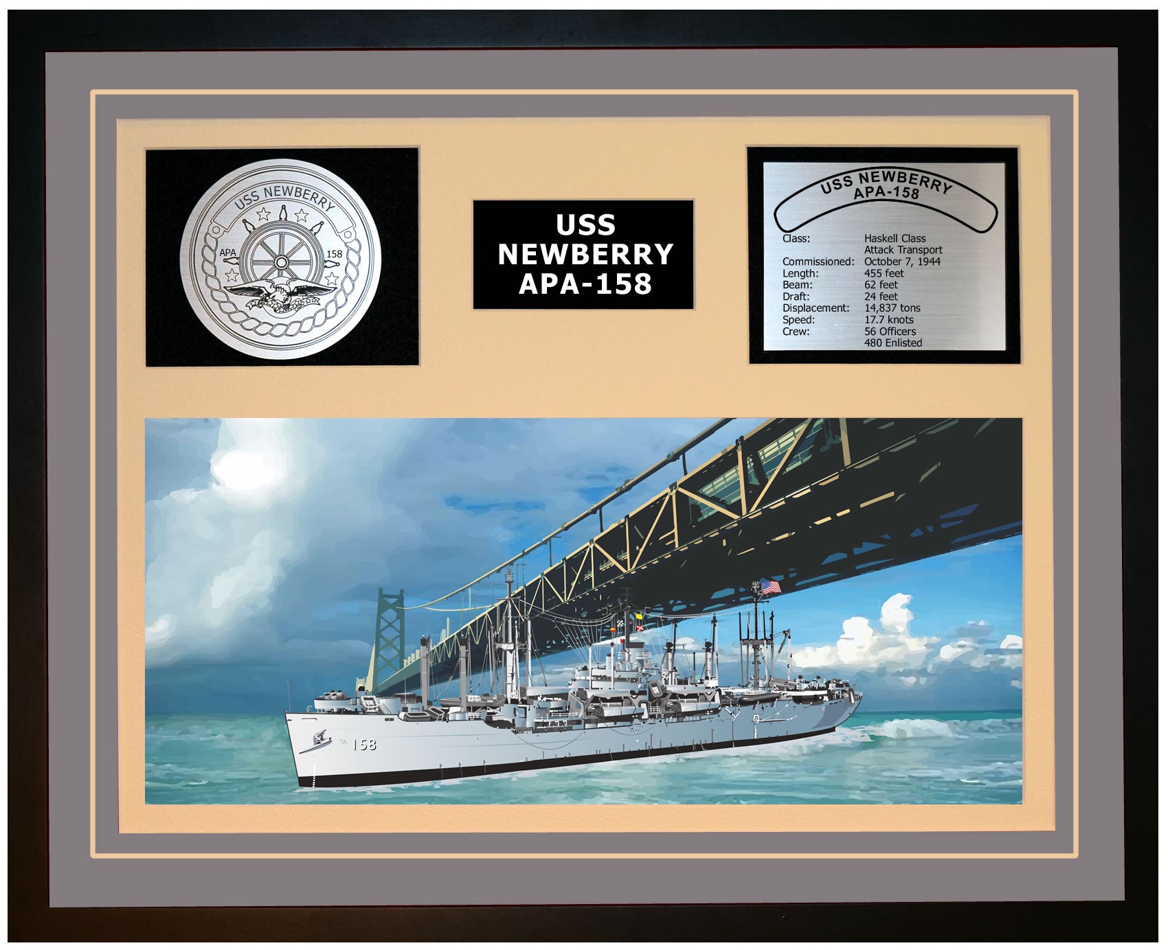 USS NEWBERRY APA-158 Framed Navy Ship Display Grey