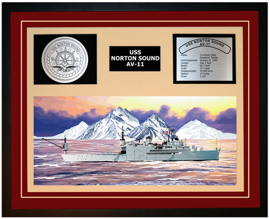 USS NORTON SOUND AV-11 Framed Navy Ship Display Burgundy