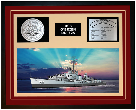 USS O BRIEN DD-725 Framed Navy Ship Display Burgundy